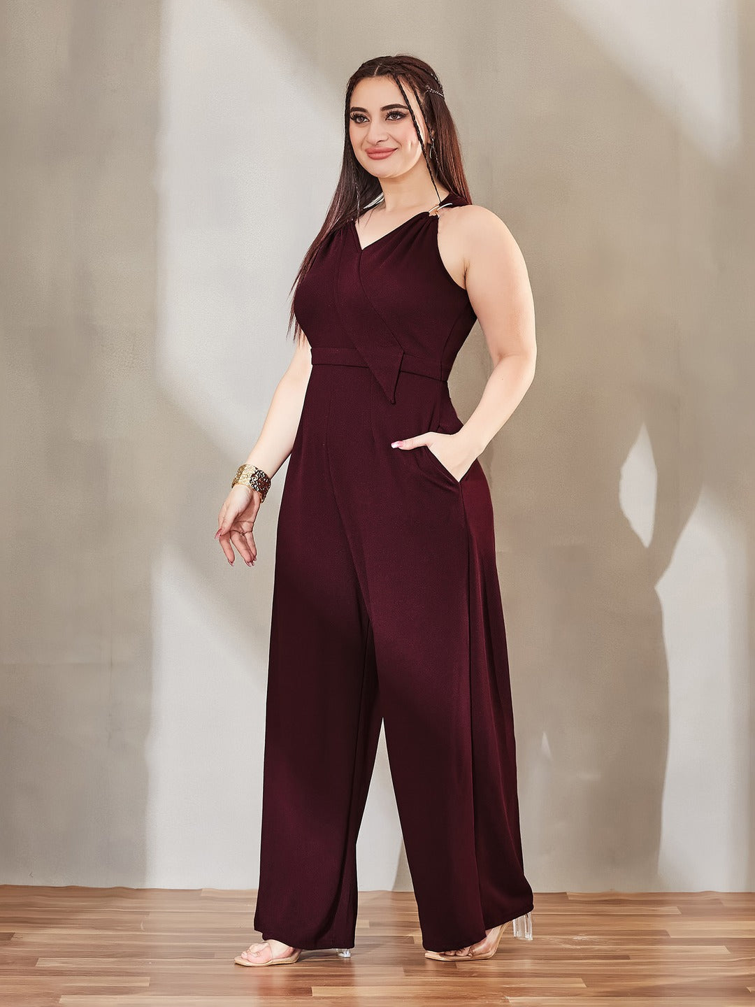 Wine V-Neck Sleeveless Solid Wrap Regular Jumpsuit for Women