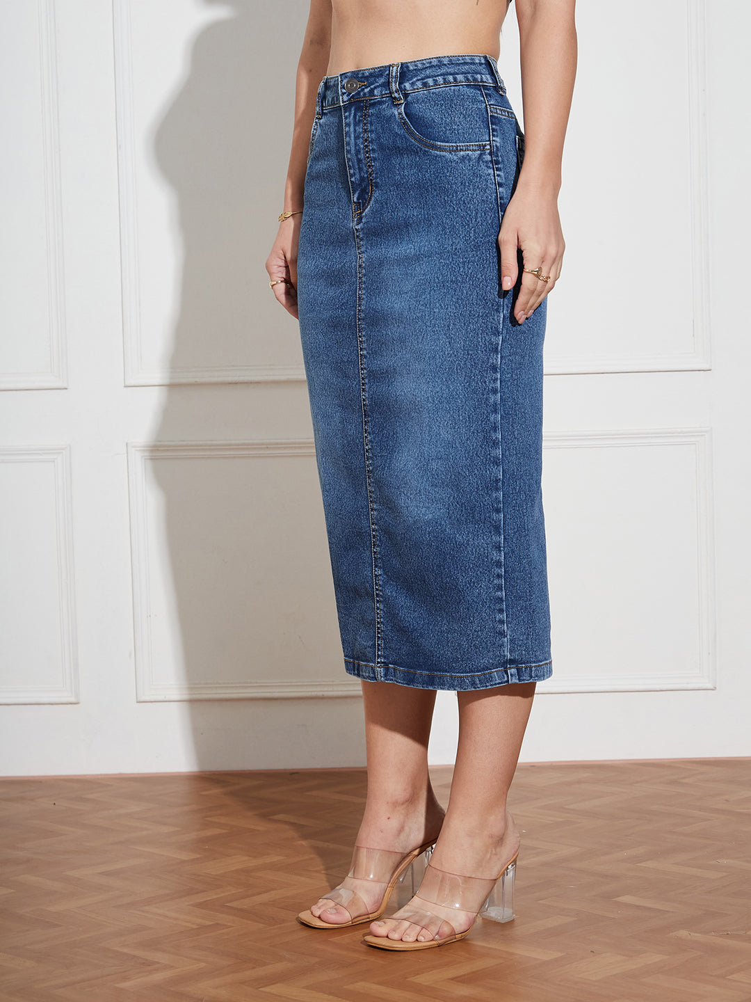 Women's Dark Blue High Rise Clean Look Stretchable Denim Bodycon Midi Skirt