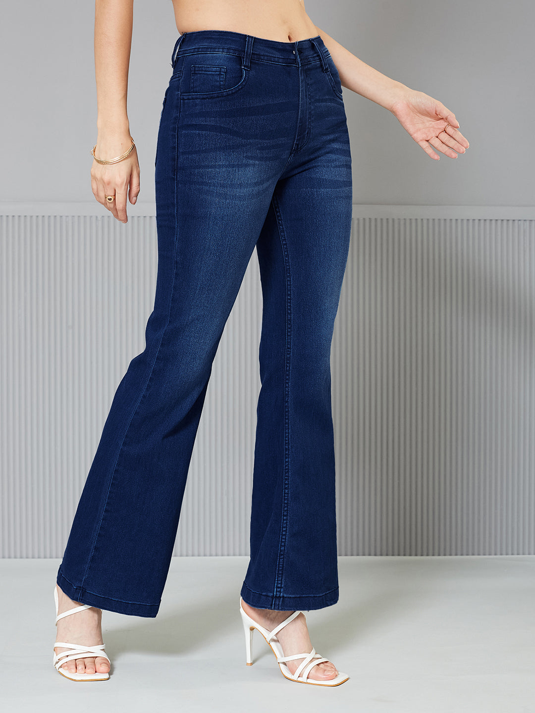 24/7 Comfort Navy-Blue High-Rise Clean-Look Stretchable Bootcut Denim Jeans for Women
