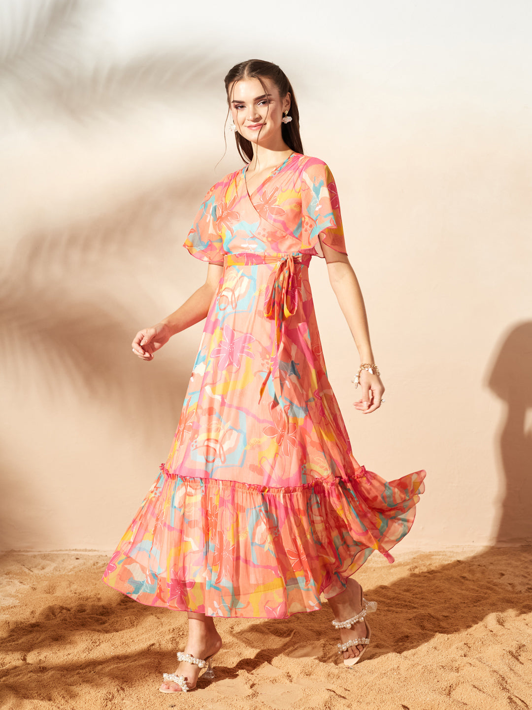 Light Orange Floral Printed Flutter Sleeves Maxi Dress for Women