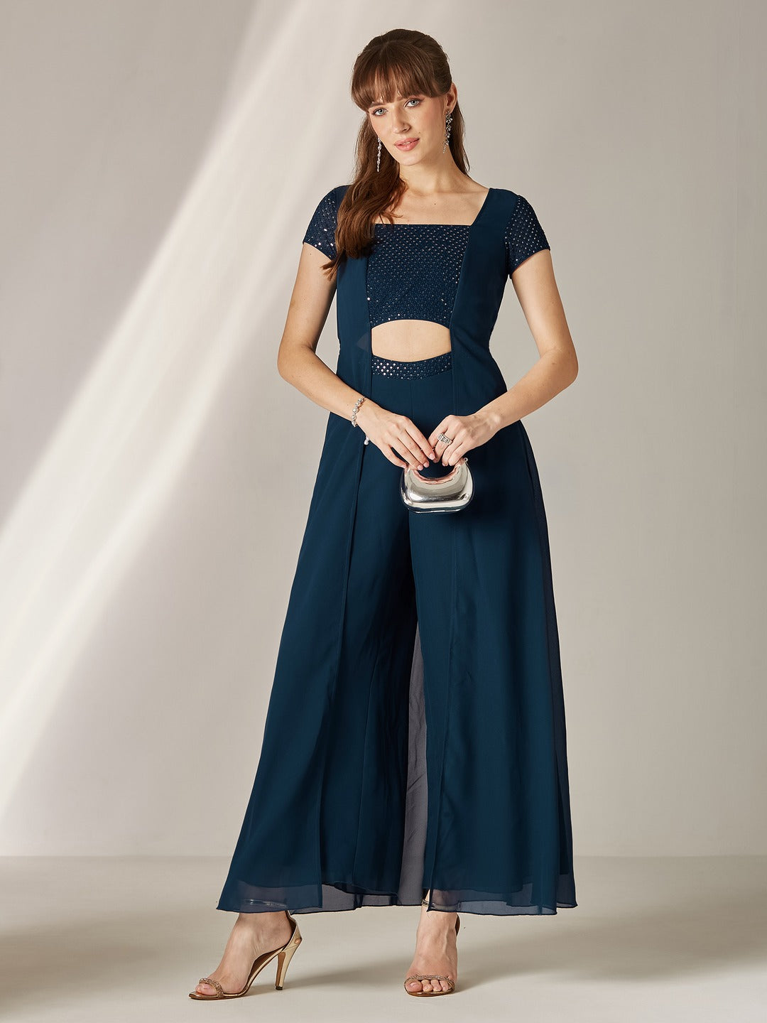 Teal Embellished Square Neck Short Sleeve Georgette Cut Out Relaxed Fit Regular Jumpsuit for Women