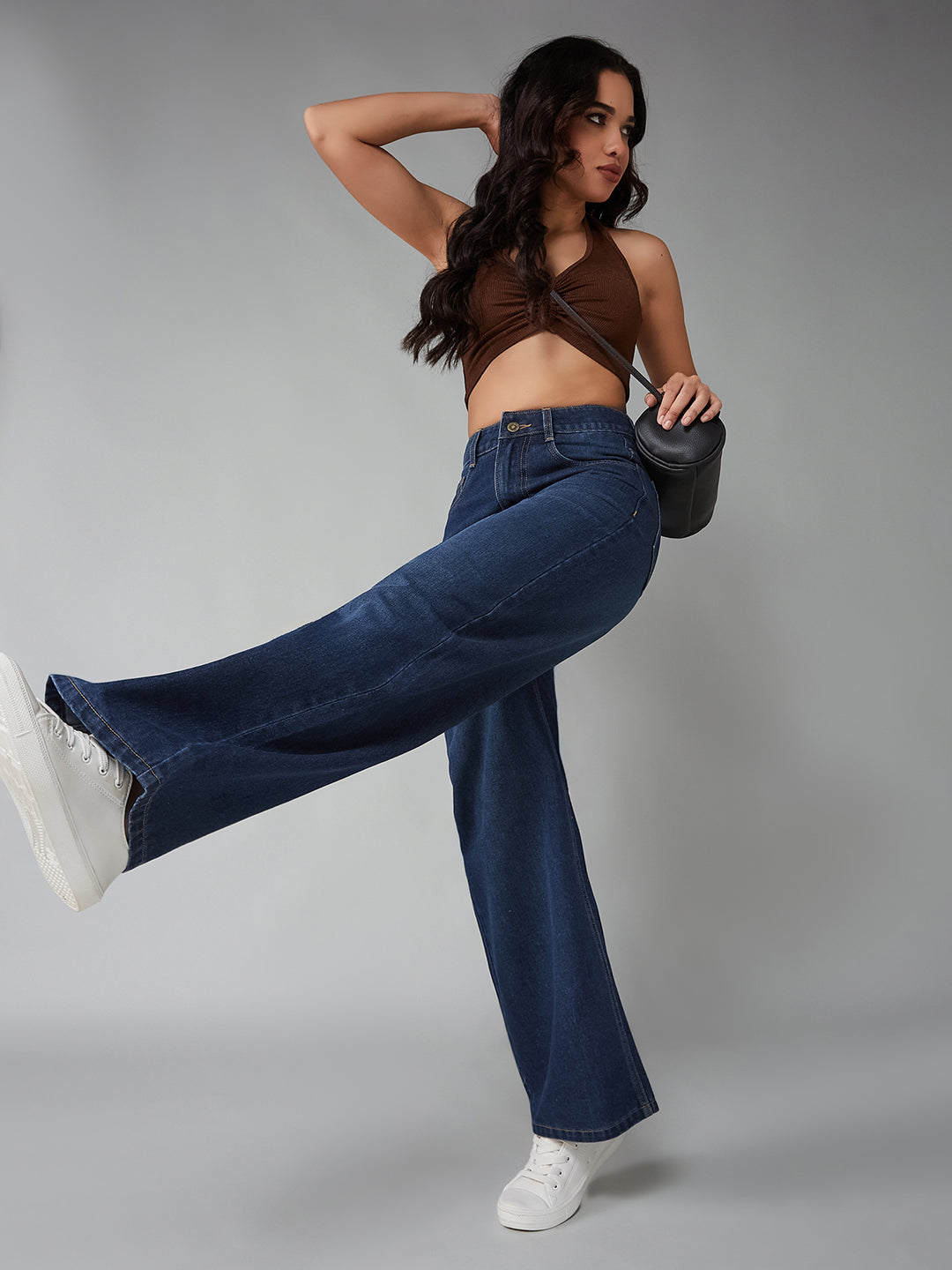 Women's Navy Blue Wide-Leg High-Rise Clean-Look Regular-Length Denim Jeans