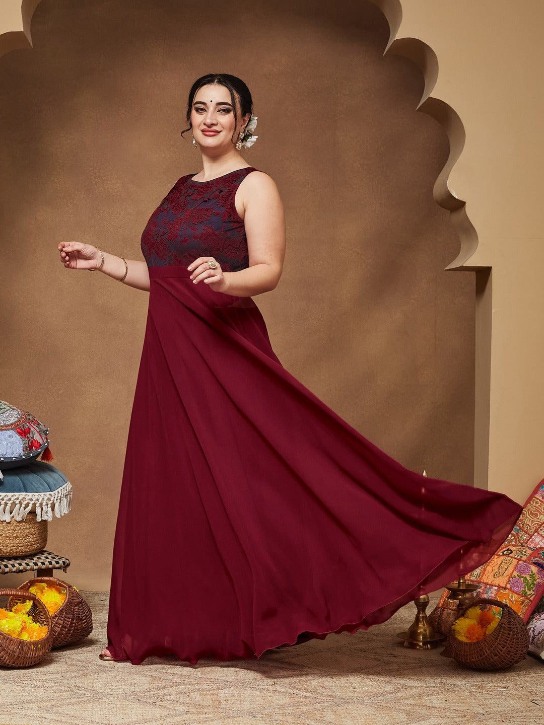 Maroon & Teal Boat Neck Sleeveless Self Design Lace Overlaid Maxi Dress for Women