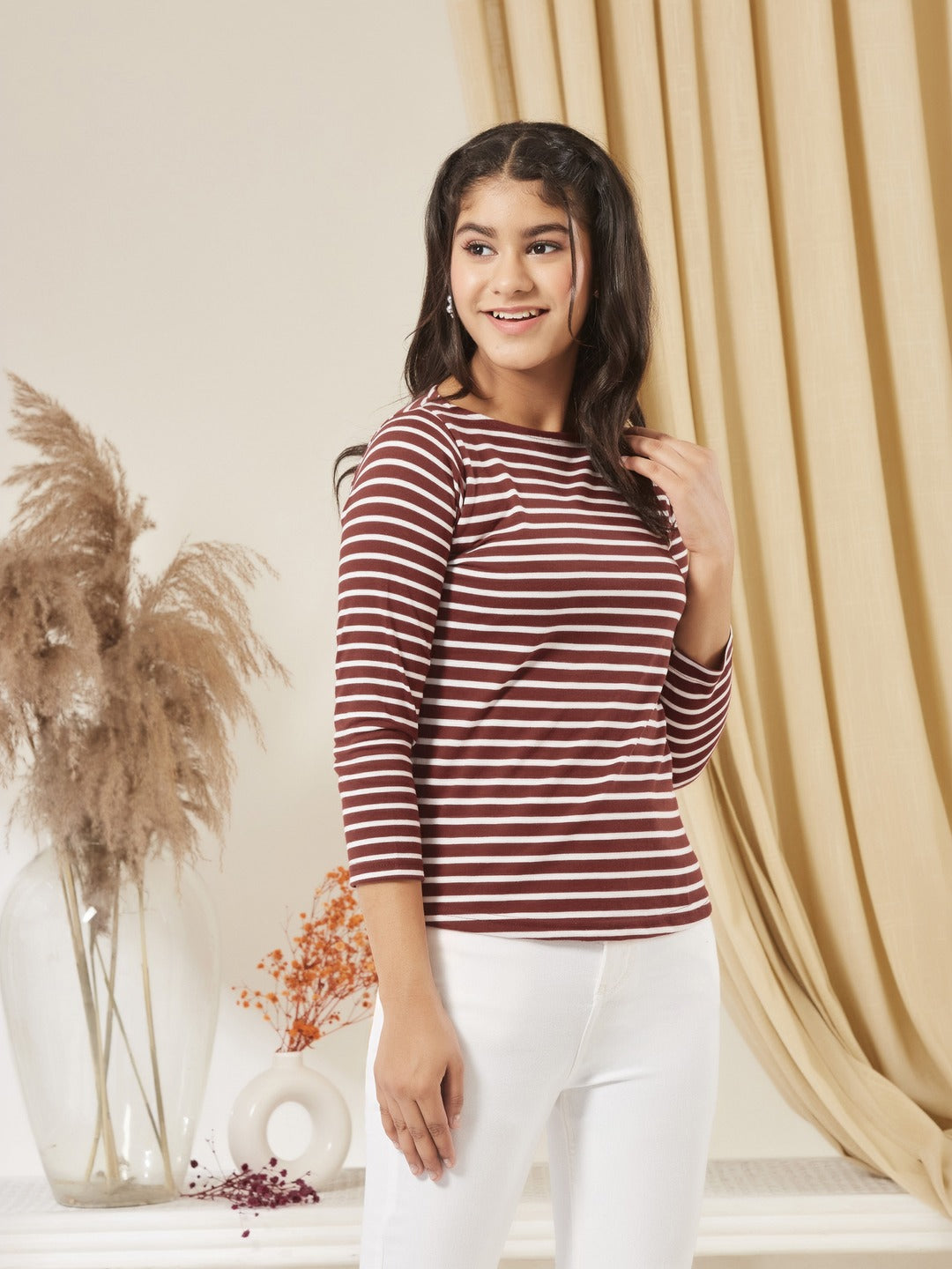 Maroon & White Boat Neck 3/4 Sleeve Cotton Striped Top for Girls/Teenagers