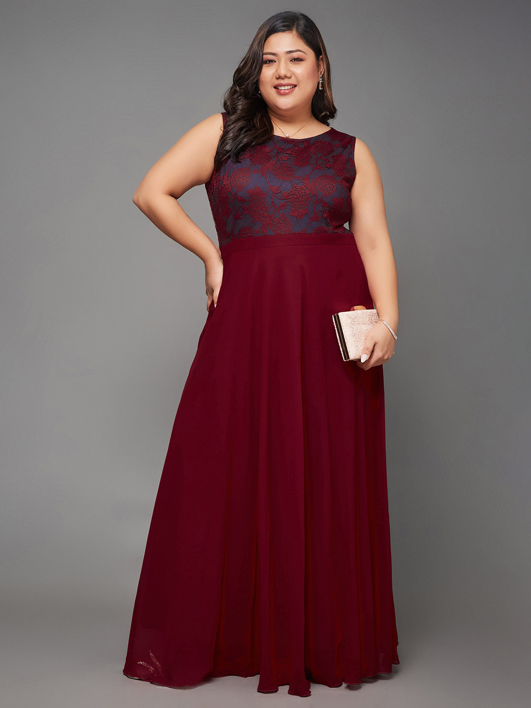 Maroon & Teal Boat Neck Sleeveless Self Design Lace Overlaid Maxi Dress for Women