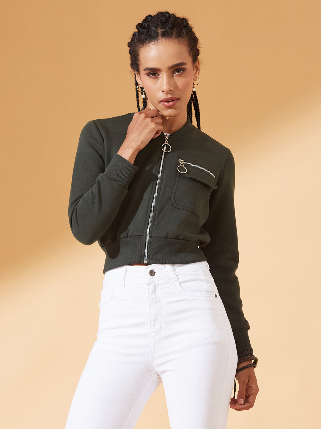 Green Stand Collar Full Sleeves Cotton Boxy/Bomber Cropped Jacket for Women