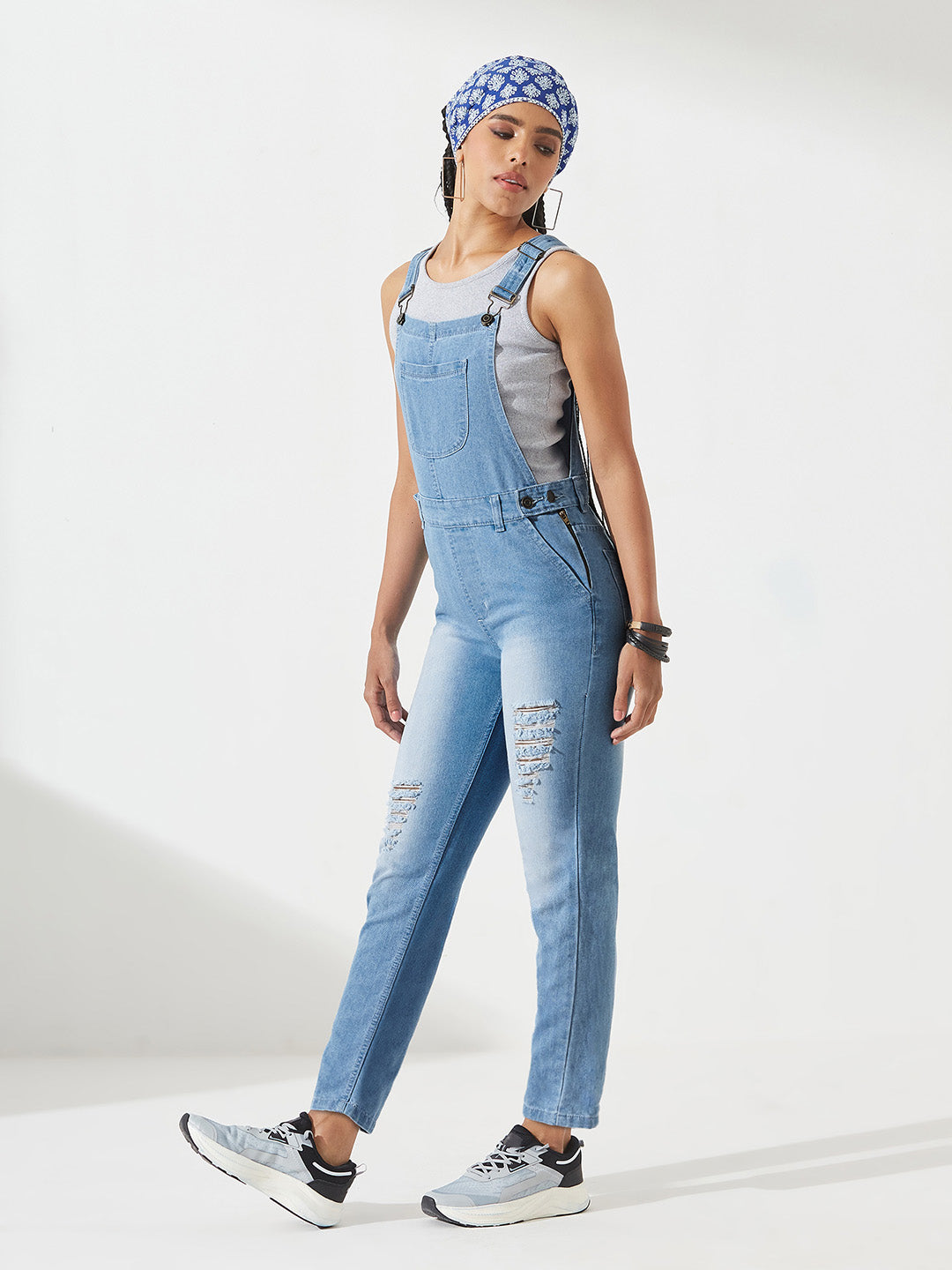 Light-Blue Regular Fit Mid-Rise Ripped Denim Dungaree for Women