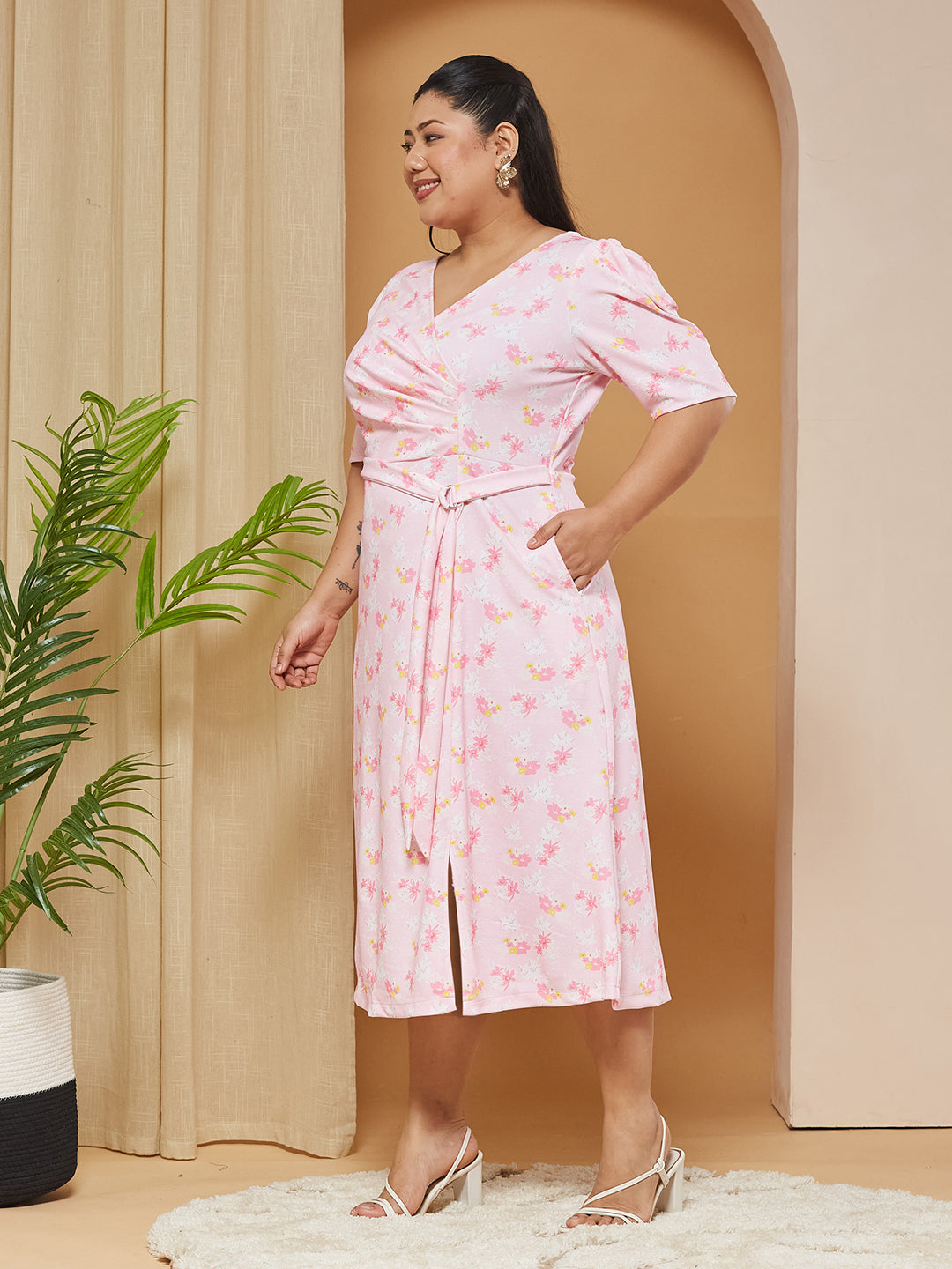 Multicolored-Base-Pink V-neck Puff-Sleeves Floral Wrap Midi Dress for Women