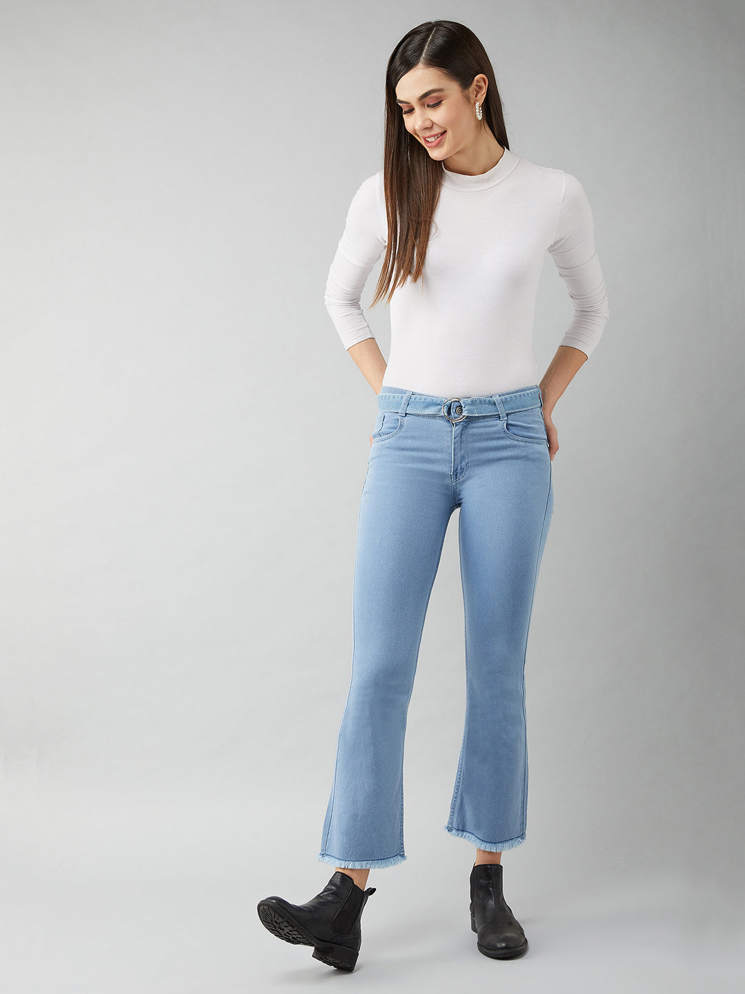 Women's Light Blue Cotton Bell Bottom Bootcut Cropped High Rise Stretchable Timeless Denim Jeans