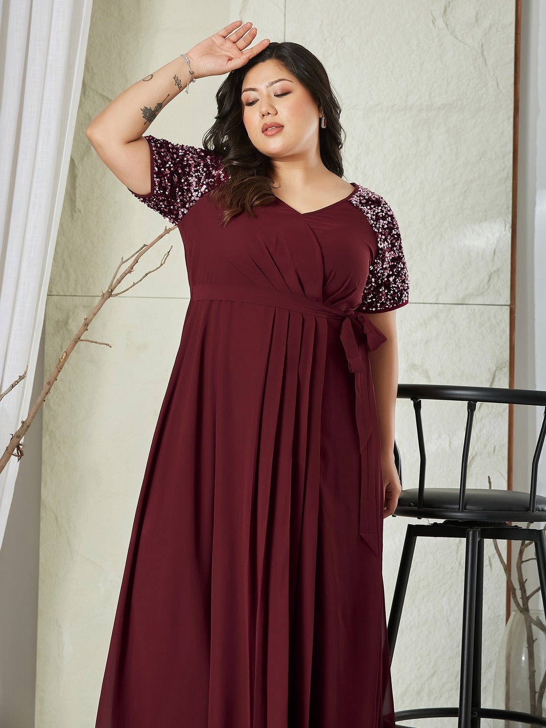 Wine Relaxed Fit Maxi Georgette Dress for Women