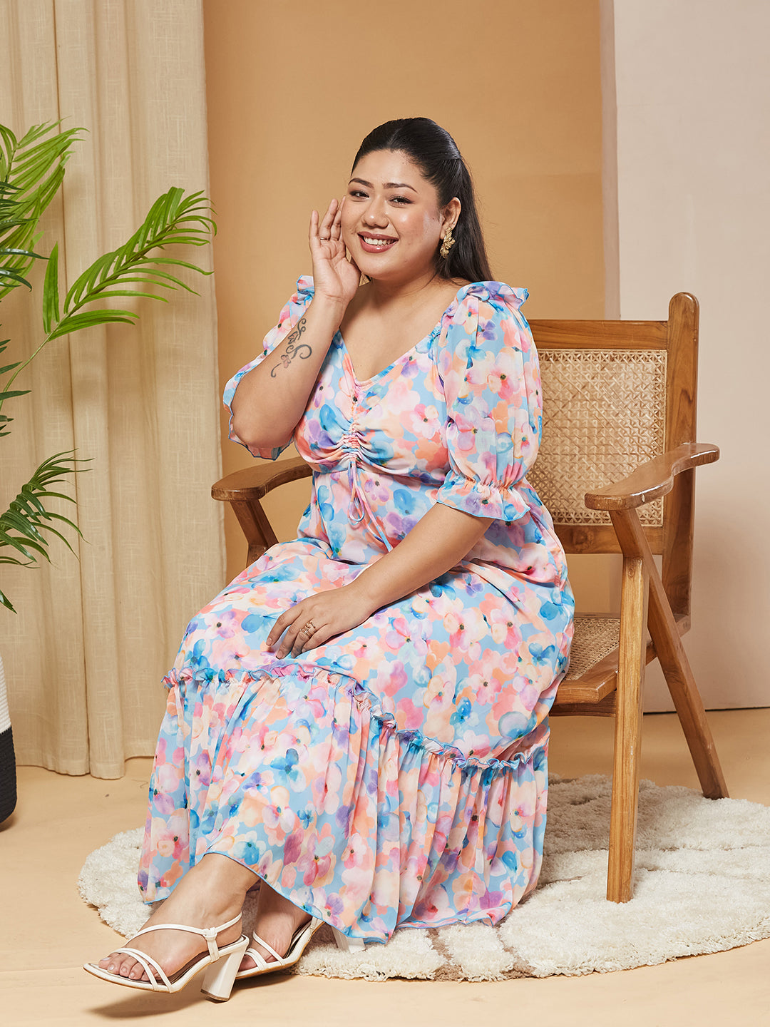 Multicolored-Base-Sky Blue V-Neck Puff-Sleeves Floral Ruching Ankle-Length Dress for Women