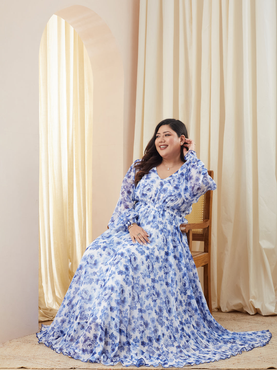 Multicolored Base White V-Neck Full Sleeve Floral Gathered Chiffon Maxi Dress for Women