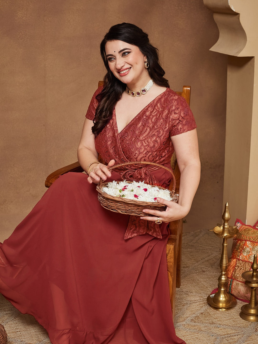 Brick Red V-Neck Short Sleeve Self-Designed Lace Overlaid Georgette Maxi Dress for Women