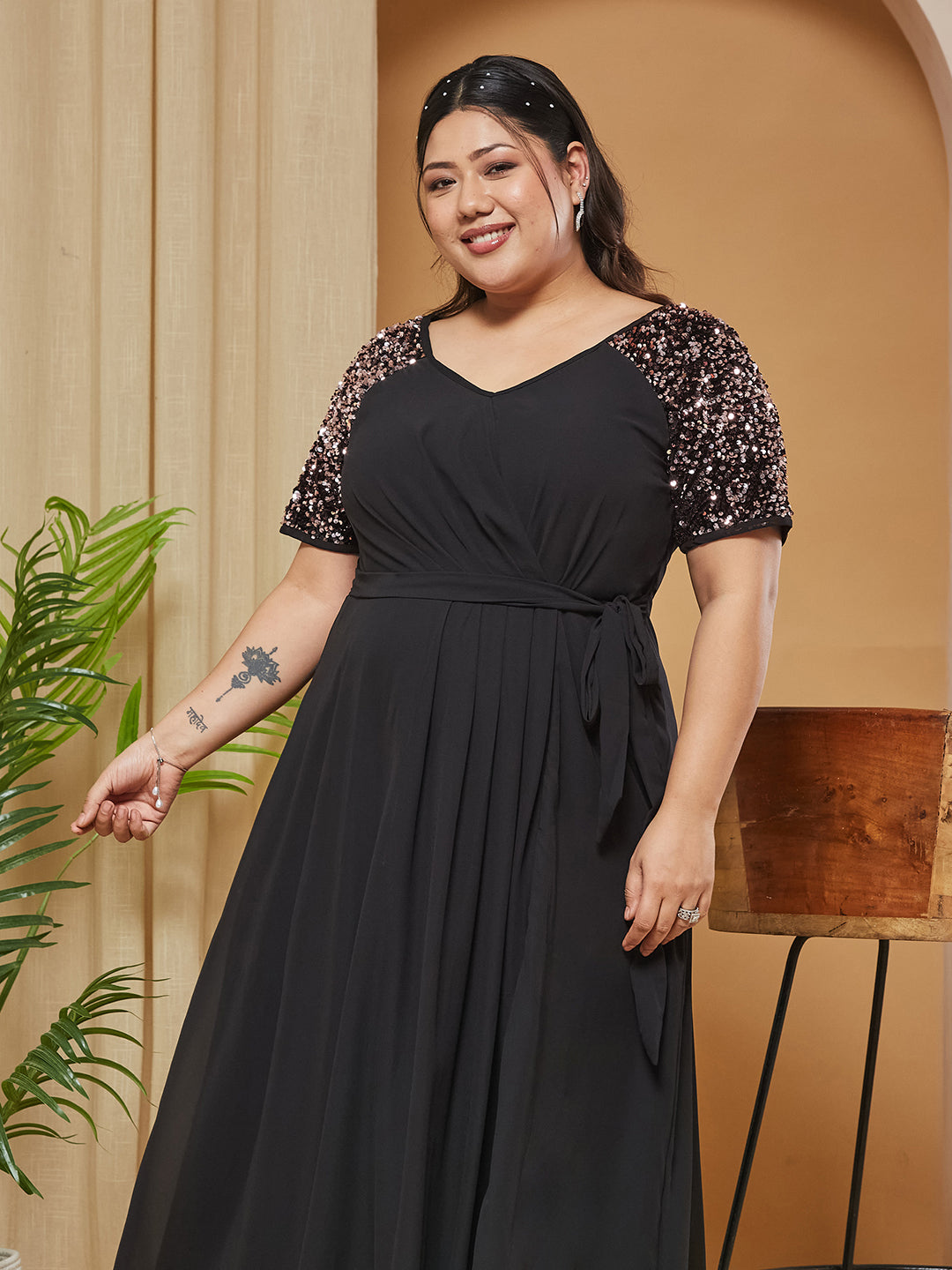 Black V-Neck Raglan Embellished Wrap & Tie-up Maxi Dress for Women