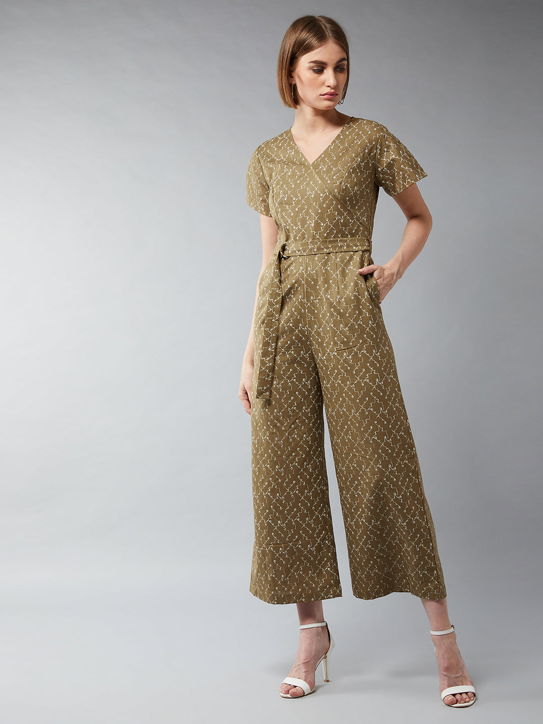 Women's Multicolor-Base Olive Geen V-Neck Half Sleeves Abstract Wide Leg Jumpsuit