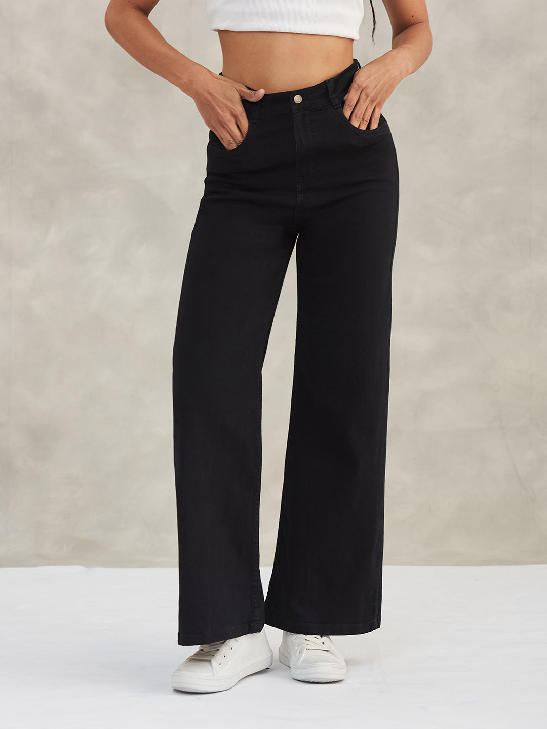Women's Black Wide-Leg High-Rise Stretchable Denim Jeans