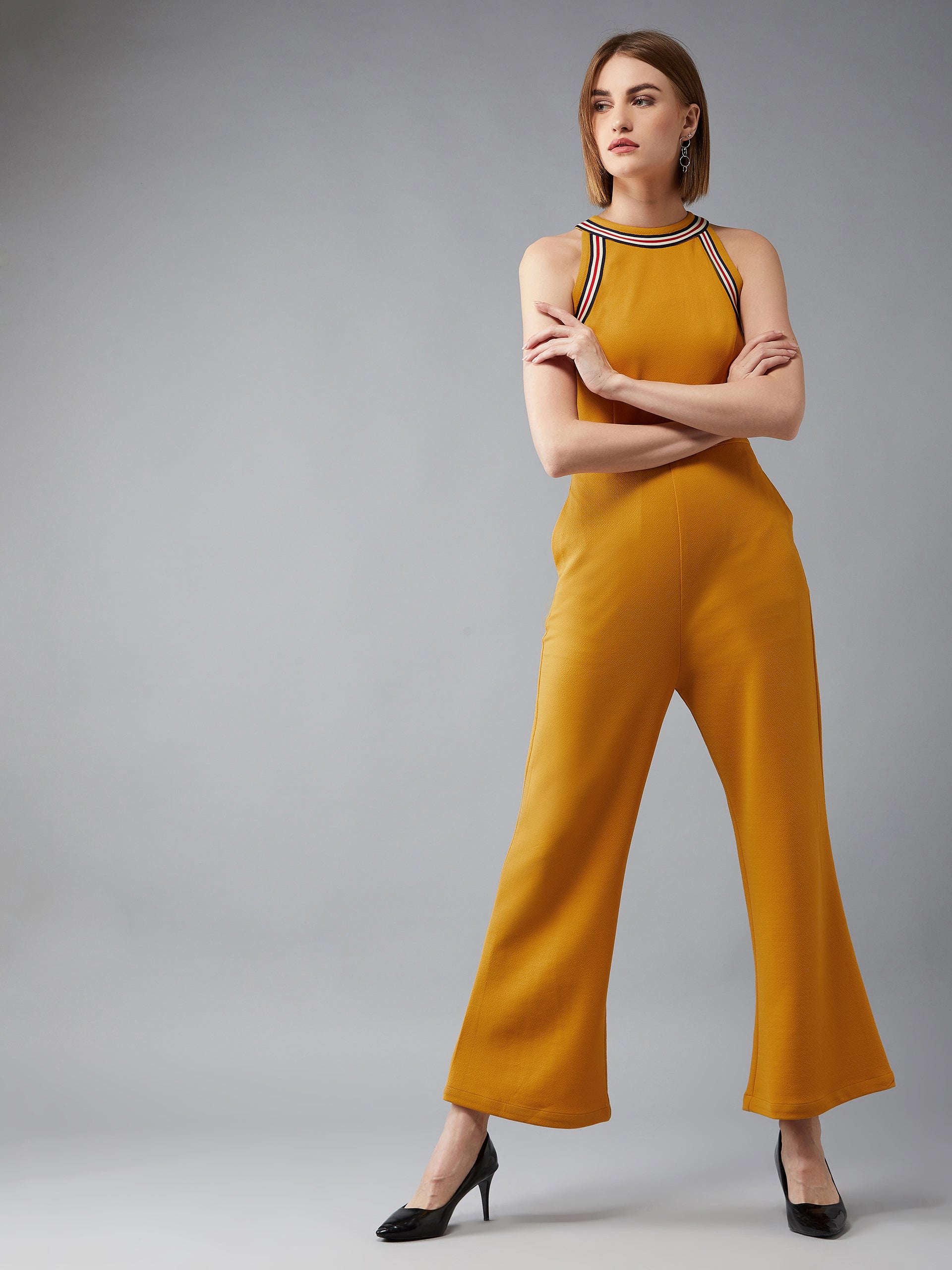 Women's Mustard Yellow Halter Neck Sleeveless Polyknitted Solid Straight Leg Regular Length Jumpsuit