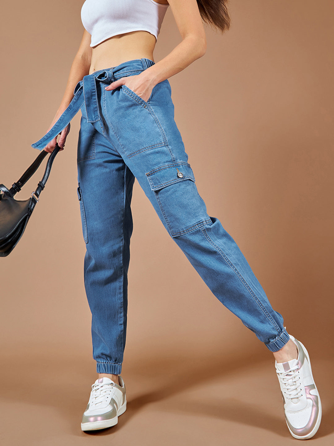 Women's Blue Regular High rise Stretchable Denim Joggers