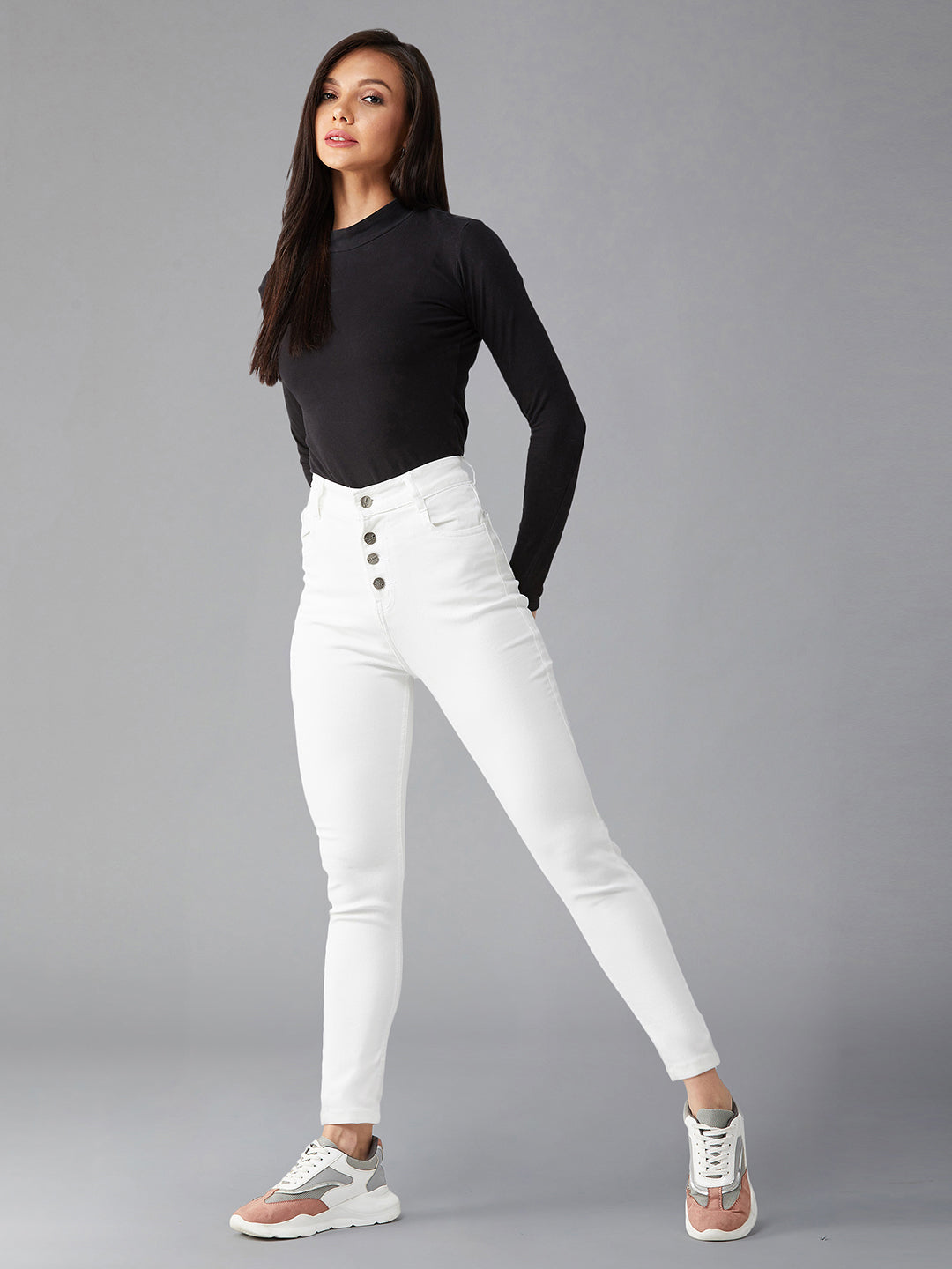 Women's White Skinny Fit High Rise Clean Look Stretchable Regular Length Bleached Denim Jeans