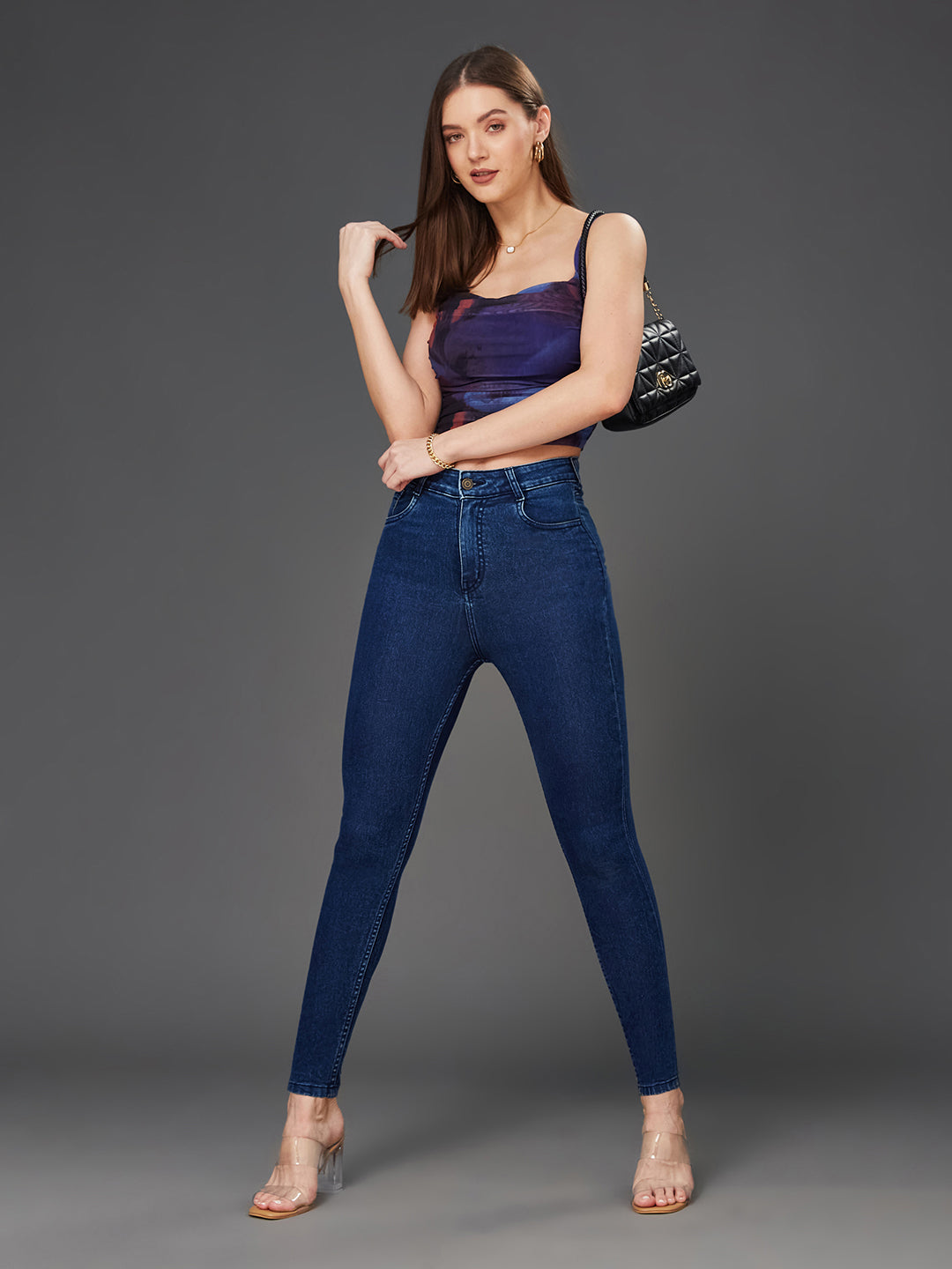 Women's Blue Skinny Fit High Rise Cropped Stretchable Denim Jeans