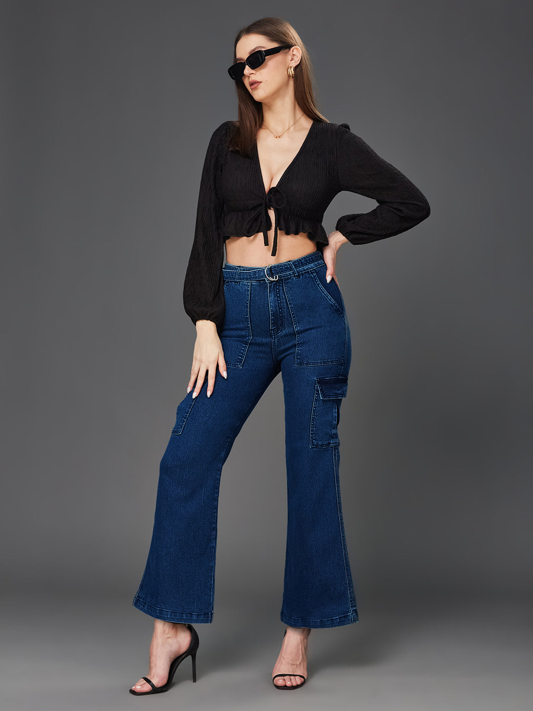 24/7 Comfort Women's Blue Wide Leg High Rise Clean Look Regular Length Stretchable Cargo Denim Jeans