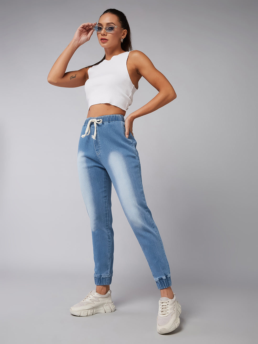 Women's Light Blue Solid Mid Rise Stretchable Denim Jogger Pants