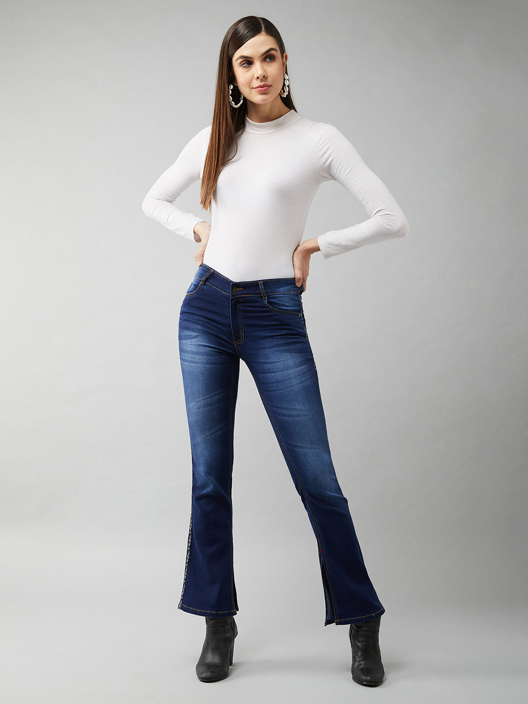 Blue Cotton Bootcut Fit & Flared Mid Rise Regular Length Stretchable Denim Jeans for Women