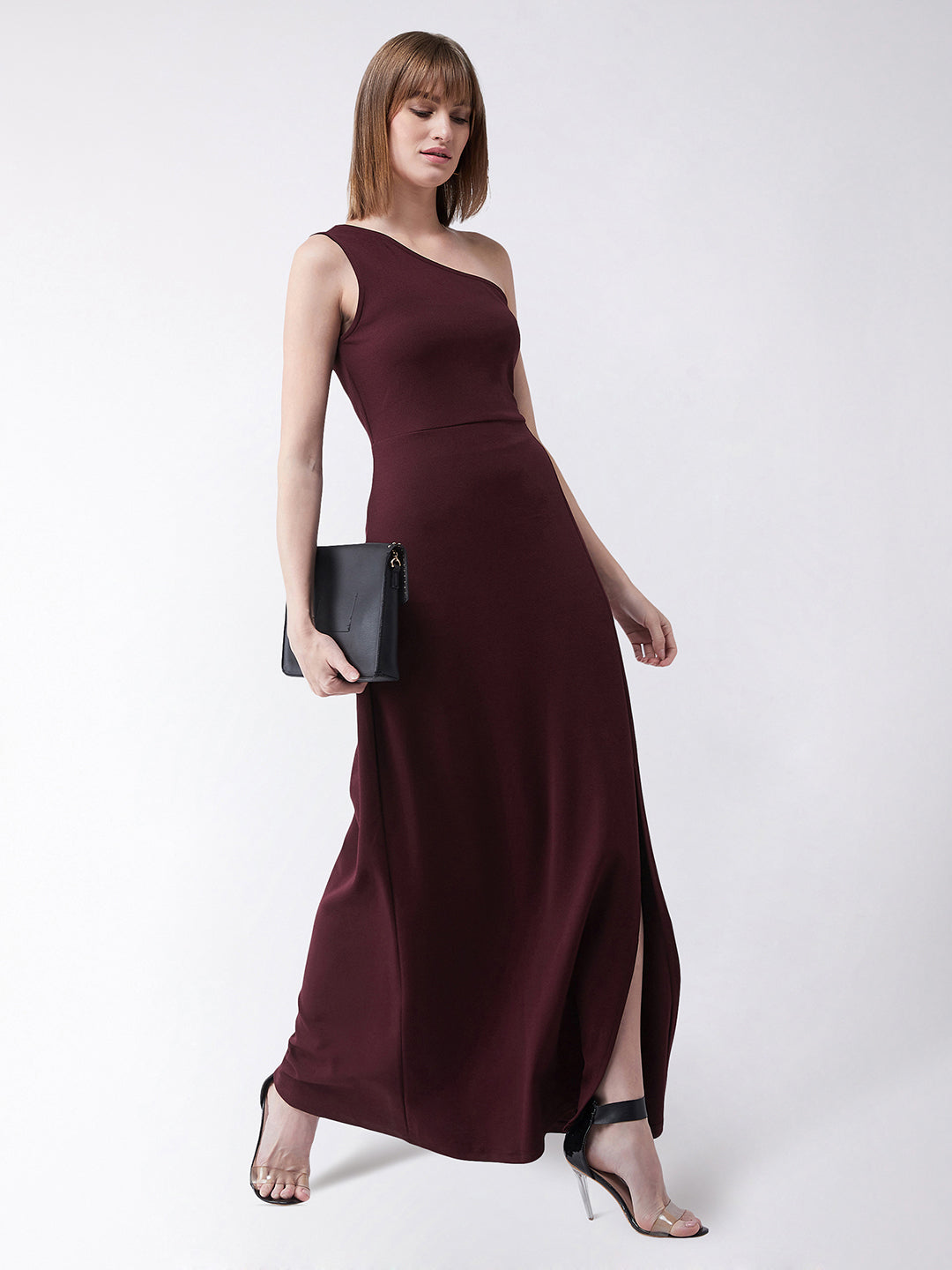 Crease Ease Women's Wine Red One-Shoulder Sleeveless Solid Side Slit Maxi Dress