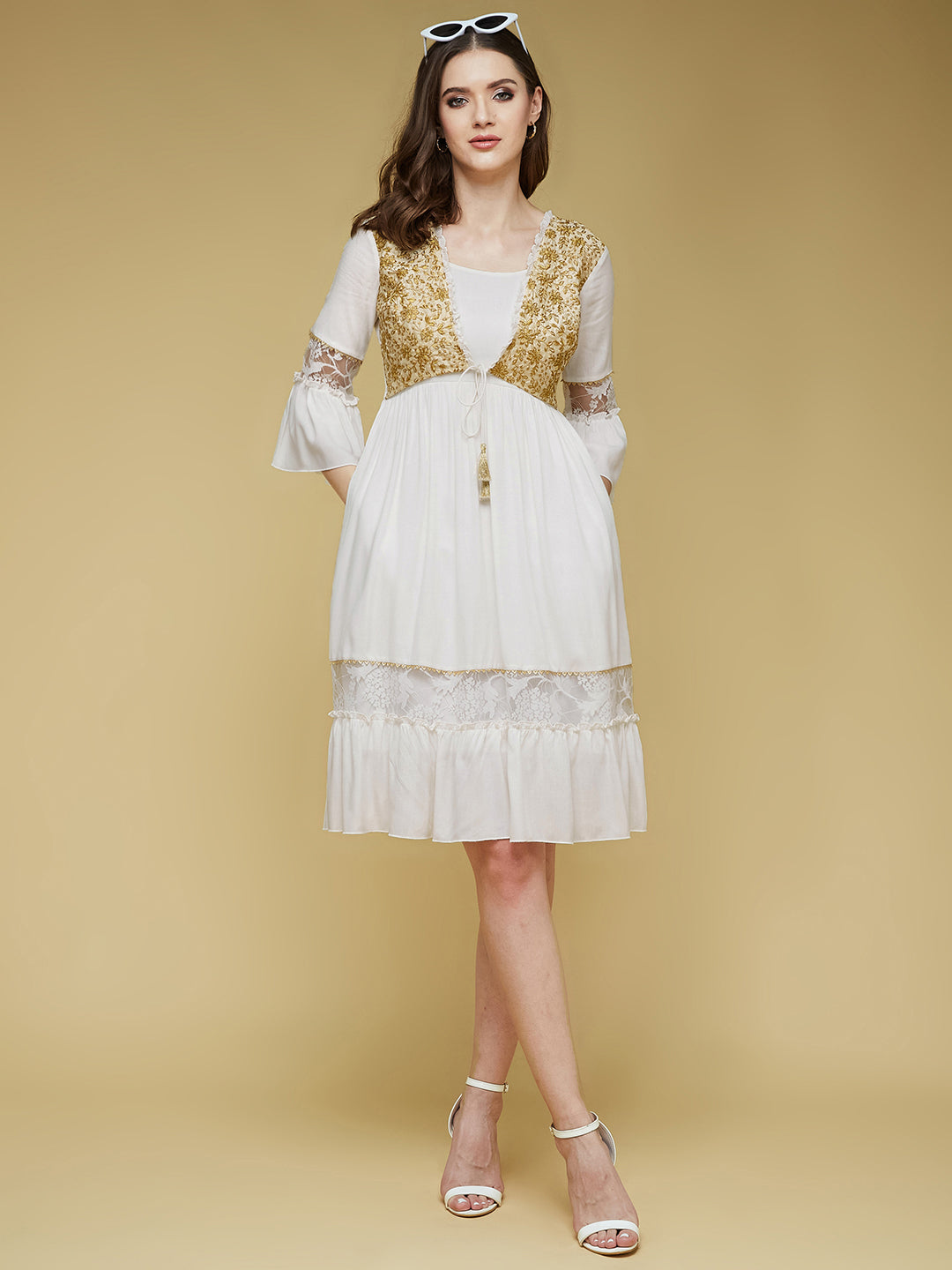 Women's Off-White Square Neck Ruffled Sleeve Viscose Rayon Embroidered Jacket Paneled Midi Dress