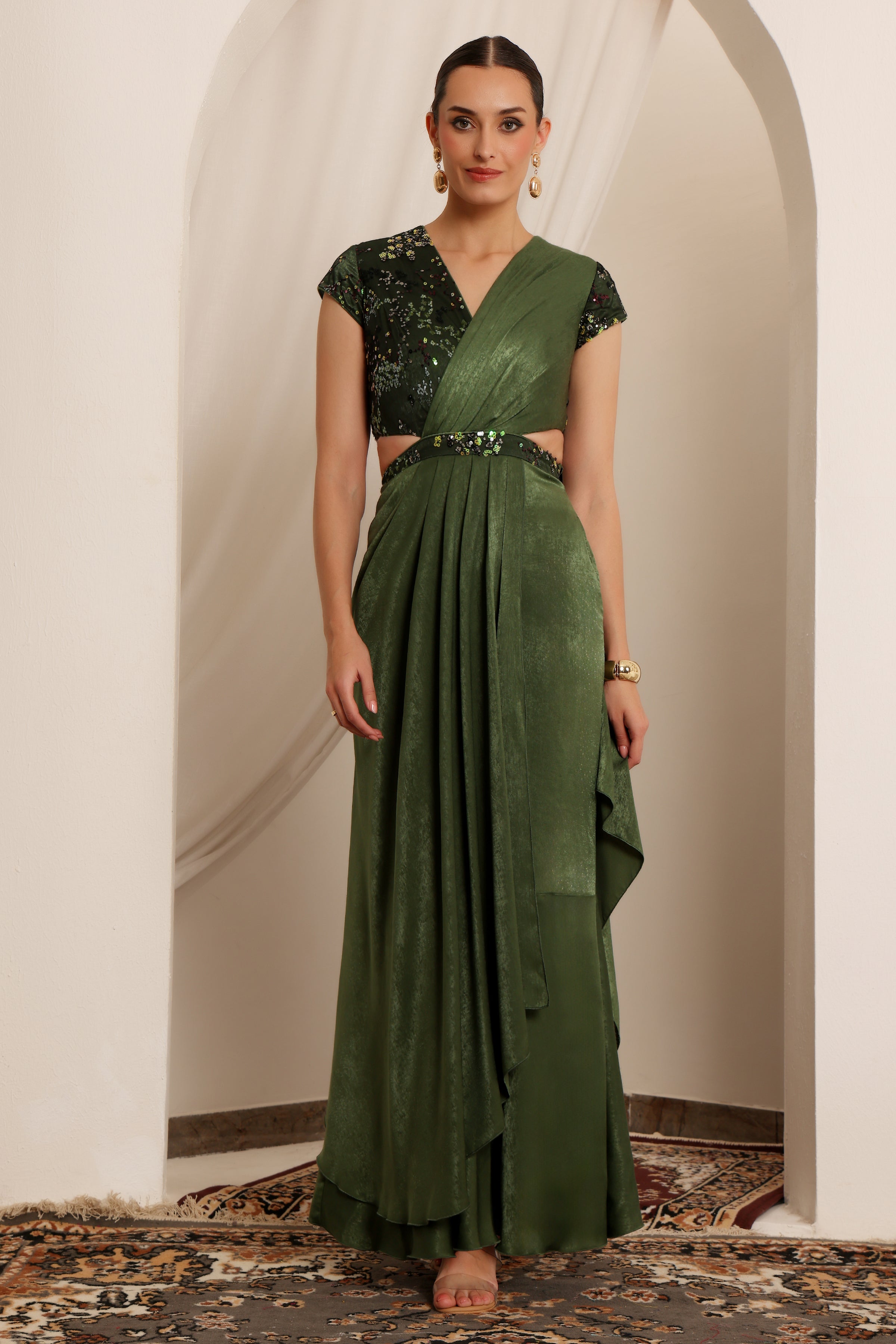 Women's Olive V-Neck Short-Sleeve Embellished Draped Maxi Velvet Dress