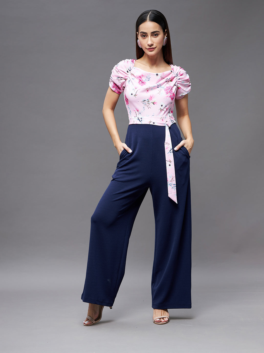 Crease Ease Women's Pink & Navy Blue Cowl Neck Raglan Ruched Sleeve Floral Wide Leg Regular Jumpsuit