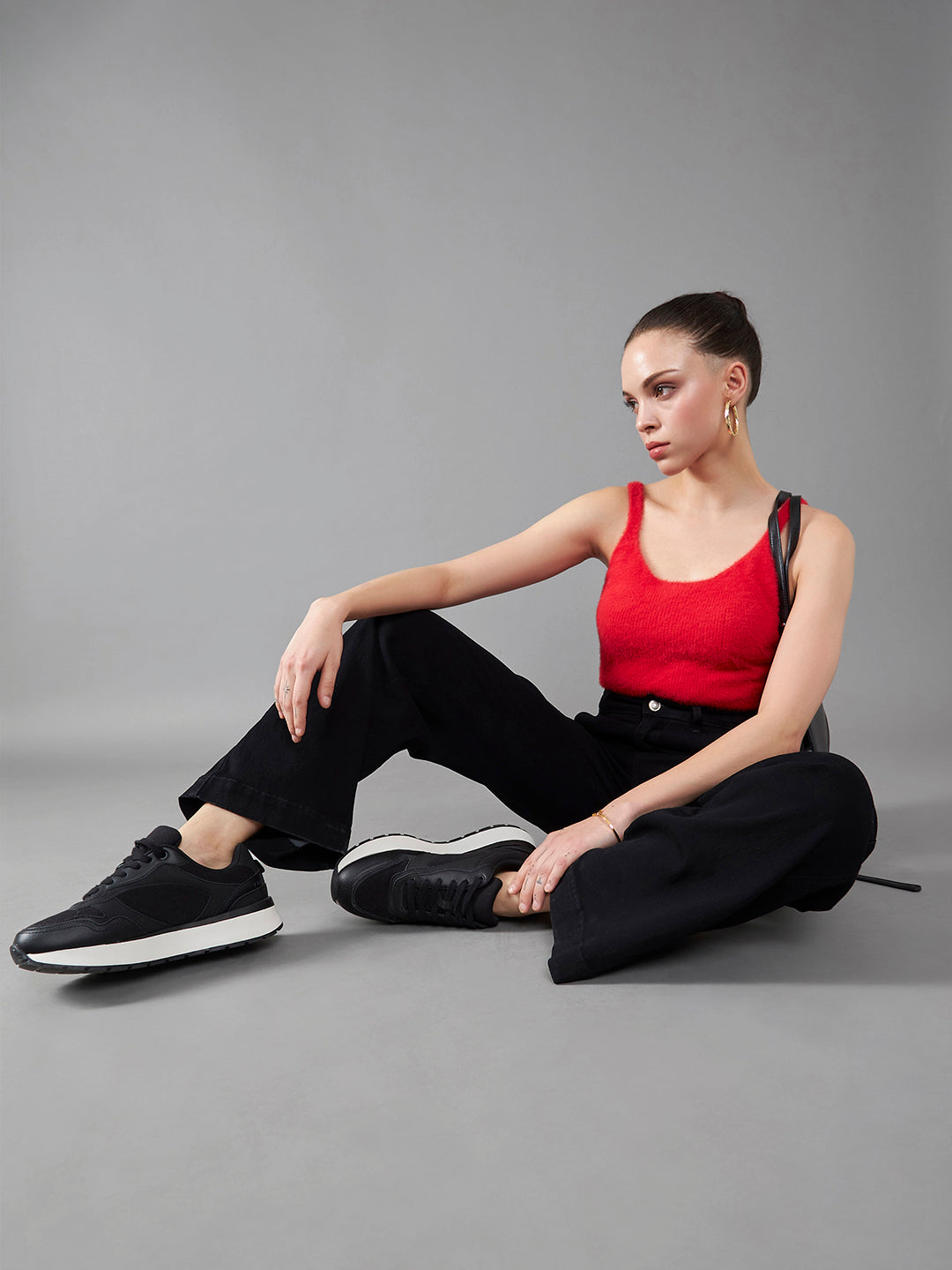 Women's Black Wide-Leg High-Rise Clean-Look Regular-Length Stretchable Denim Jeans