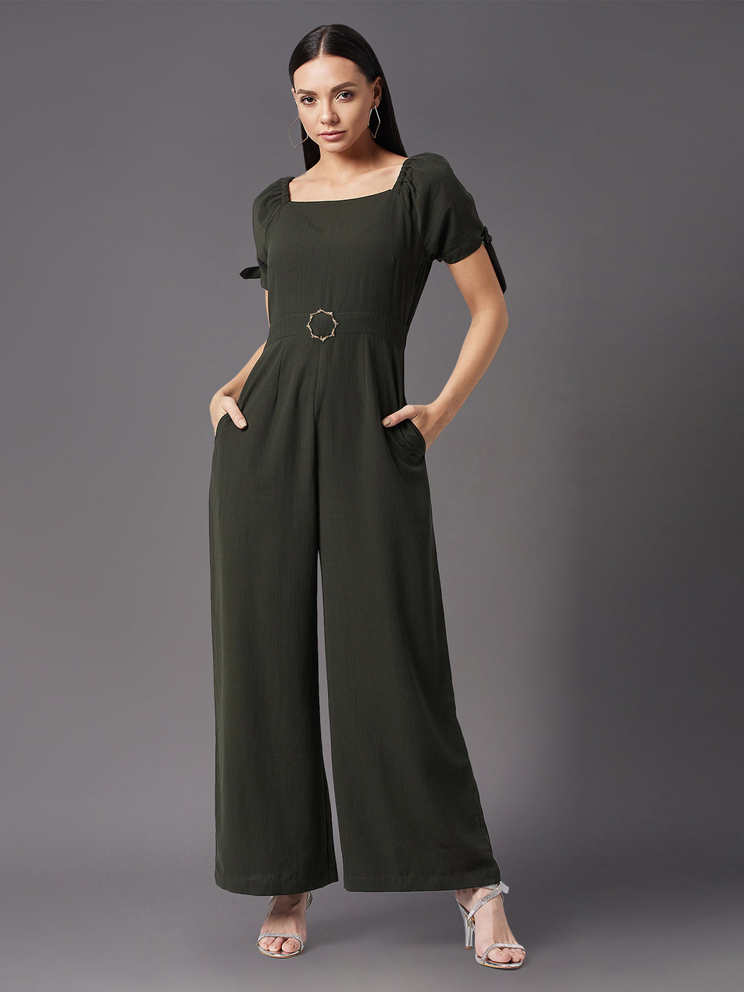 Women's Dark Green Square neck Puff sleeve Solid Wide Leg Regular Jumpsuit