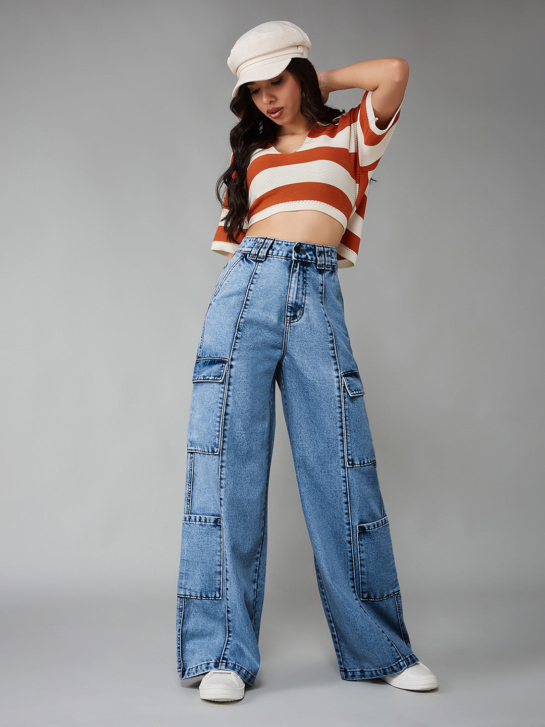Women's Light Blue Wide-Leg High-Rise Regular Denim Pant