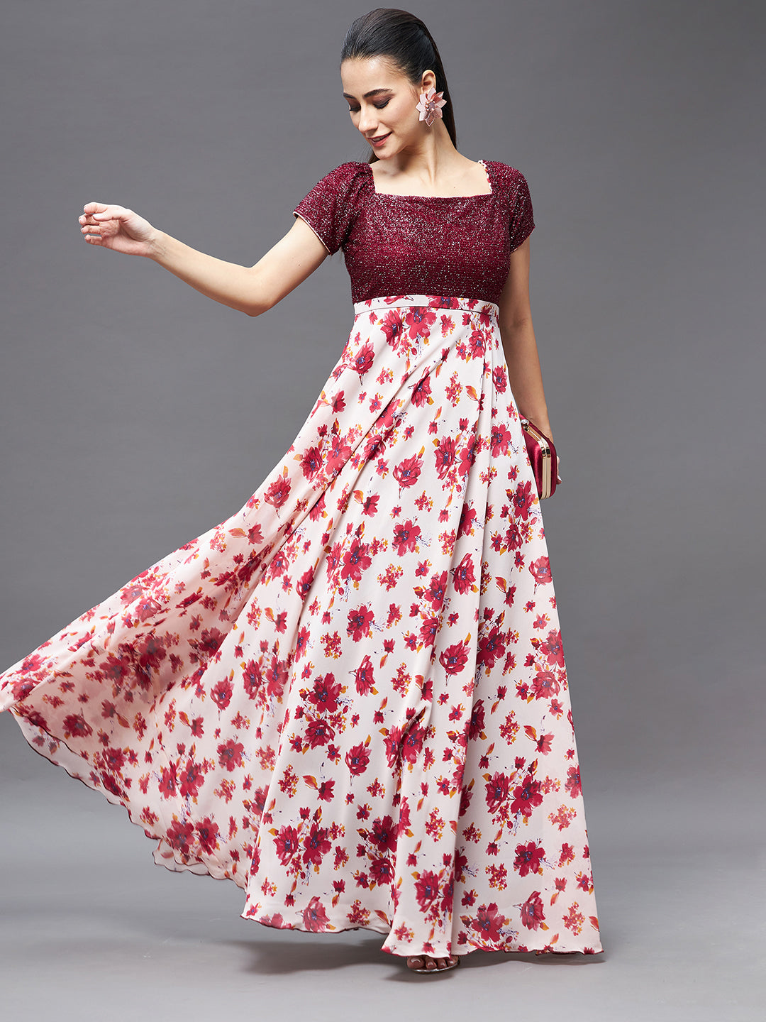 Women's Maroon & Off-White Colored Square Neck Short Puff Sleeve Floral Patterned Fit & Flare Georgette Maxi Dress