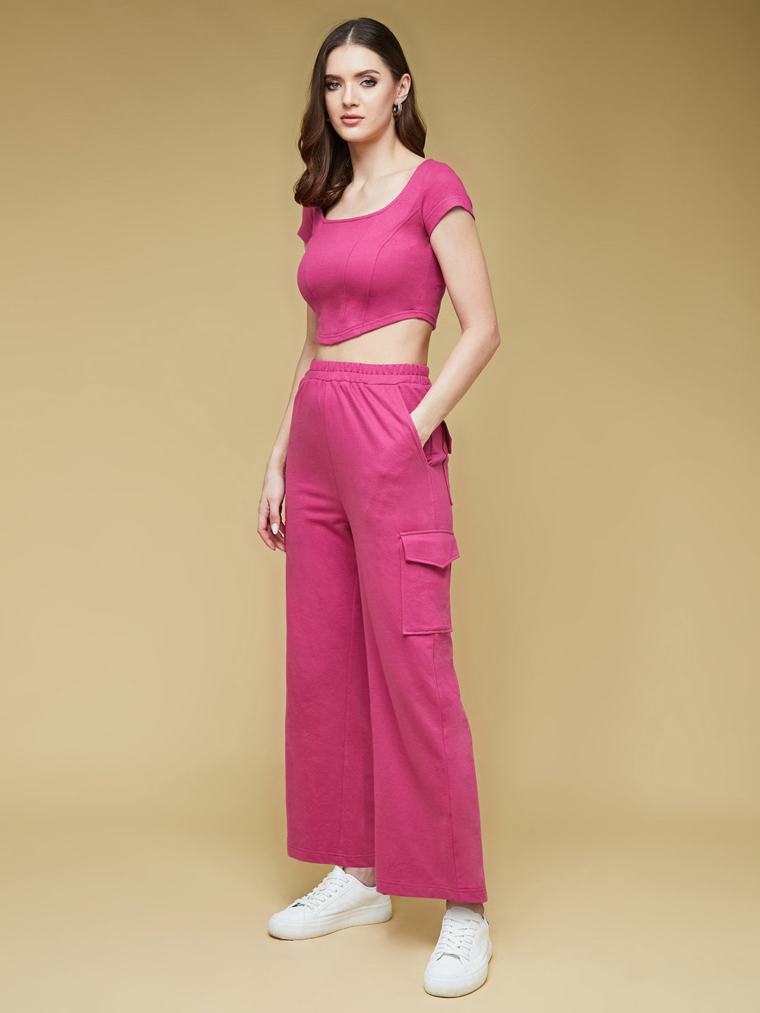 Women's Pink Round Neck Short Sleeve Solid Straight Leg Regular-Length Cotton Co-Ord