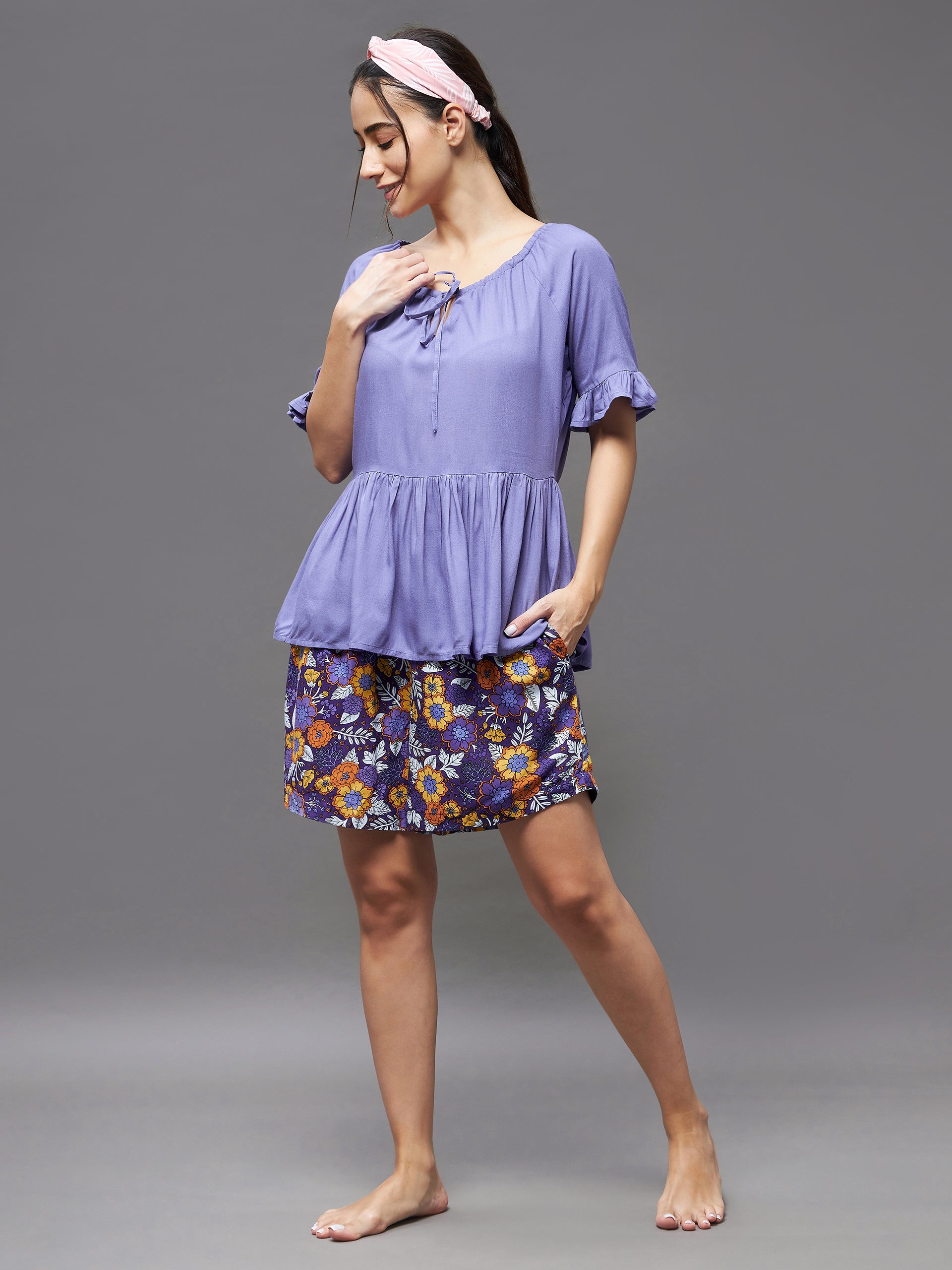 Women's Lavender Round Neck Short Sleeve Floral Front Placket Short Top & Shorts Sets