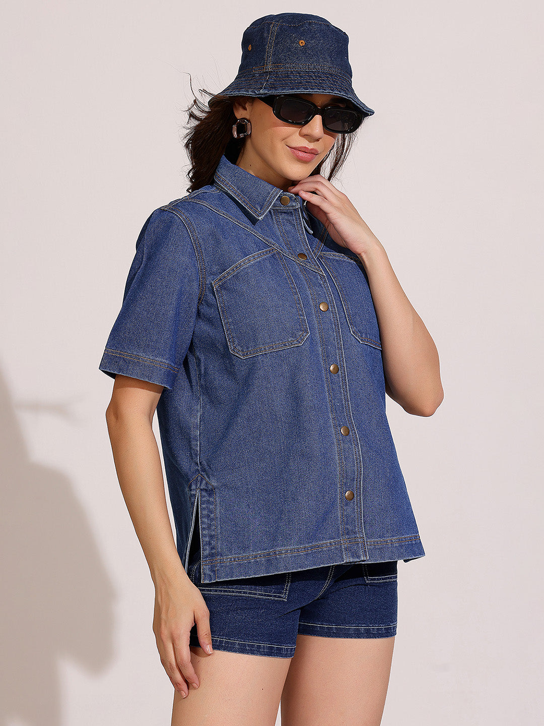 Women's Navy Blue Boxy Denim Shirt