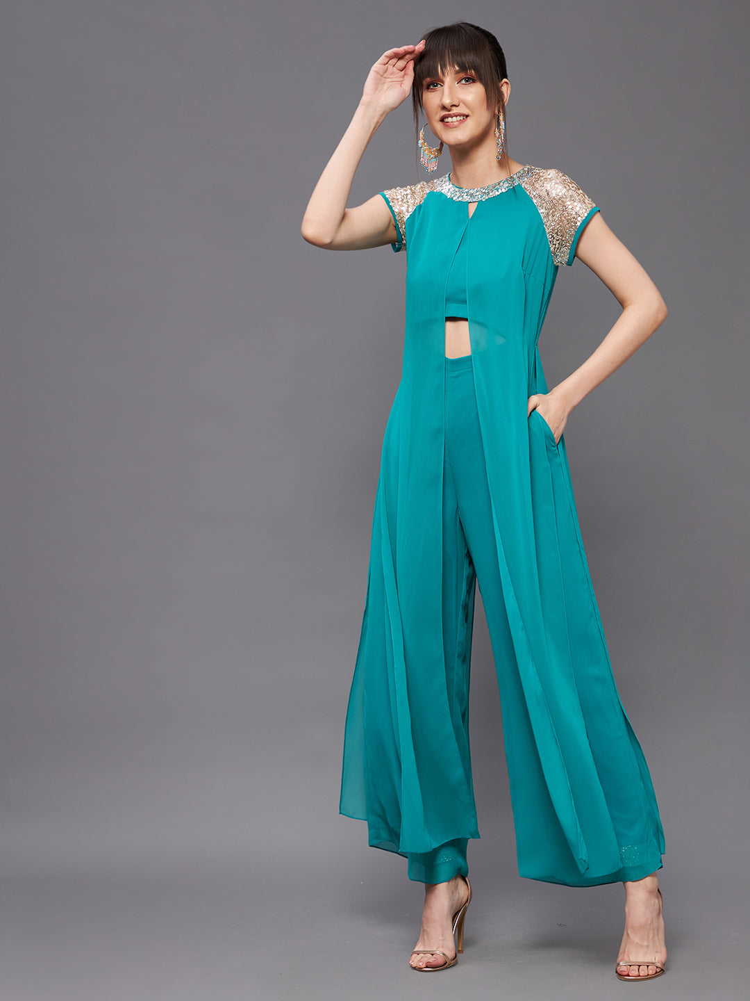 Women's Turquoise Round Neck Raglan Sleeve Sequined Layered Party Jumpsuit