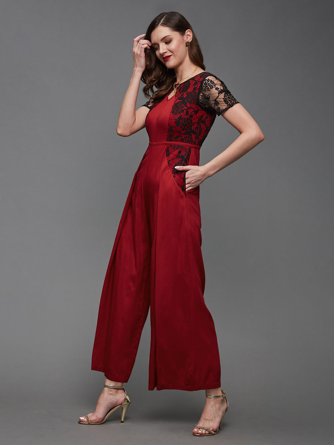 Women's Maroon Keyhole Neck Regular Sleeve Floral Lace Overlaid Visocse-Rayon Regular Length Jumpsuit