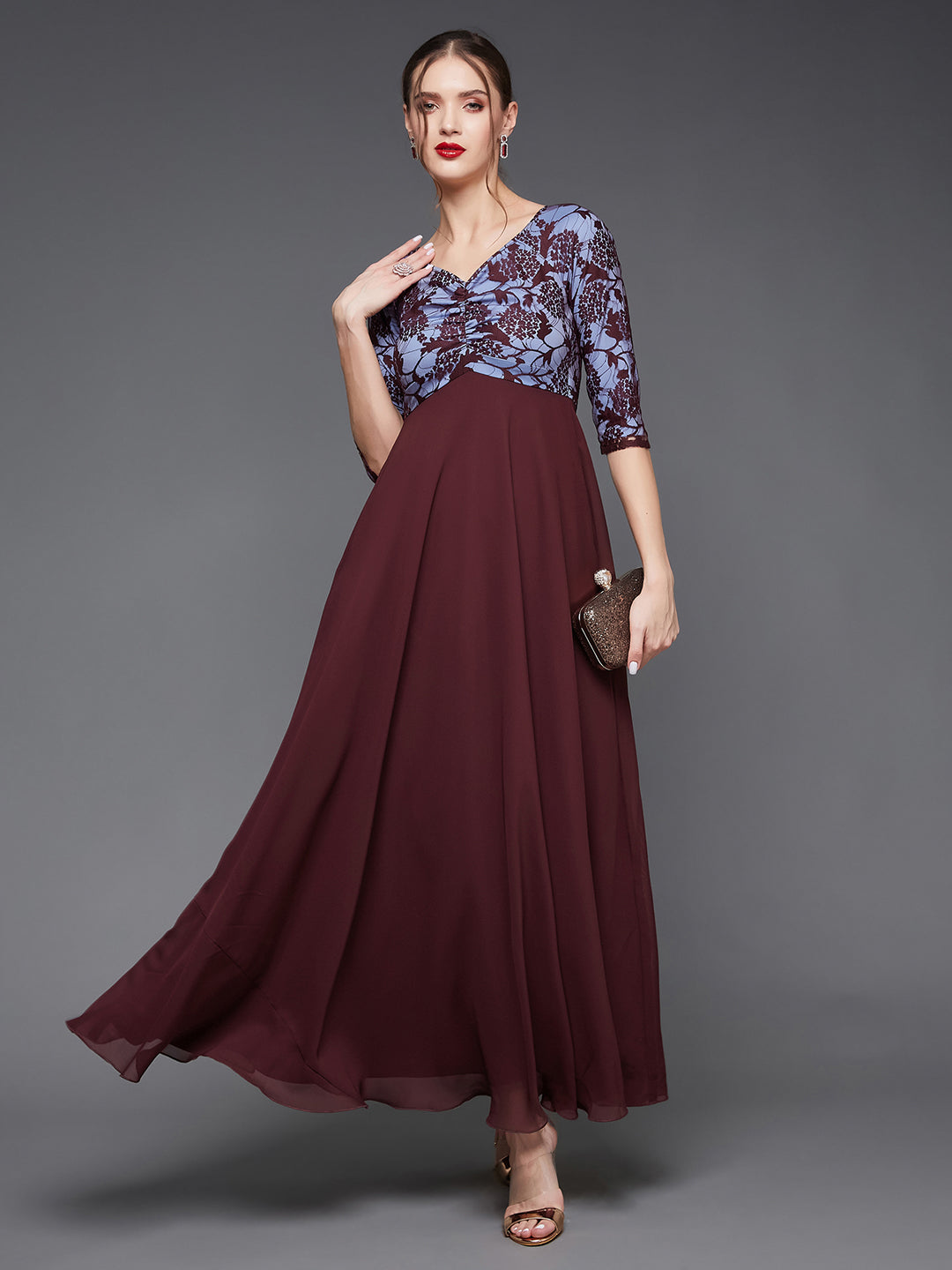 Women's Wine Sweet heart neck 3/4 Sleeve Self Design Fit & Flare Maxi Dress