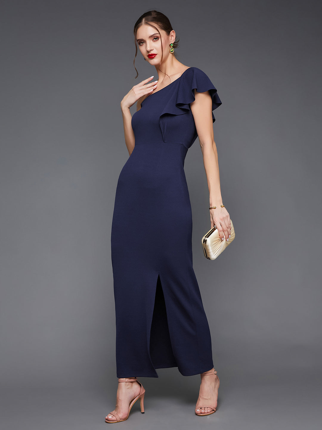 Crease Ease Women's Navy Blue Solid One Shoulder Sleeveless Ruffled Maxi Dress