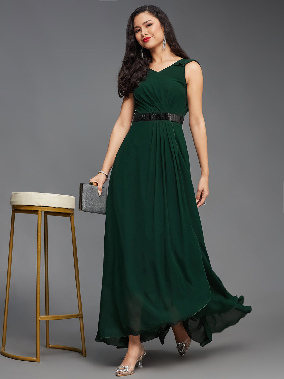 Women's Green V-Neck Ruffled Sleeve Sequined Party Maxi Dress