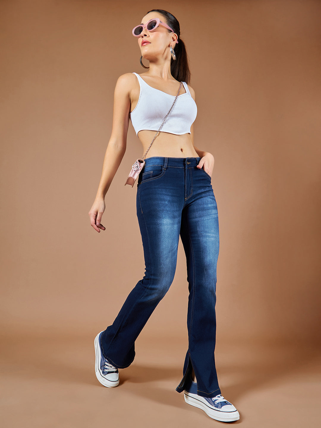 Women's Timeless Blue Bell Bottom Bootcut Hourglass Mid Rise Regular Length Denim Stretchable Jeans