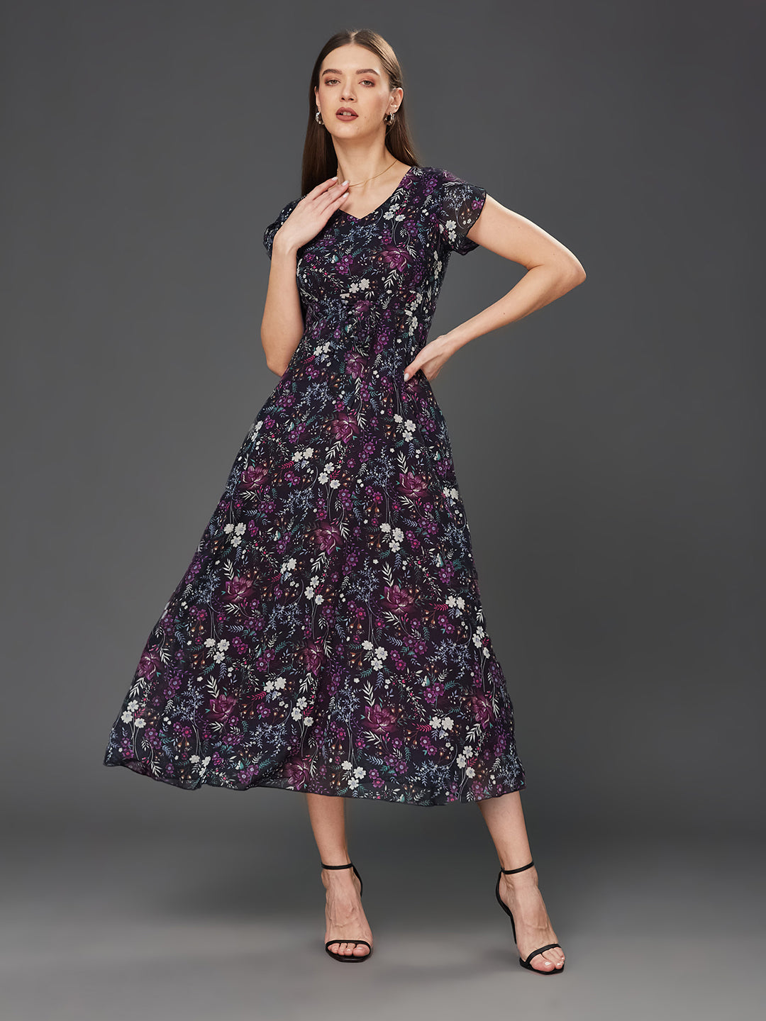 Women's Multicolored-Base-Black V-Neck Short Sleeved Floral Pleated Midi Dress