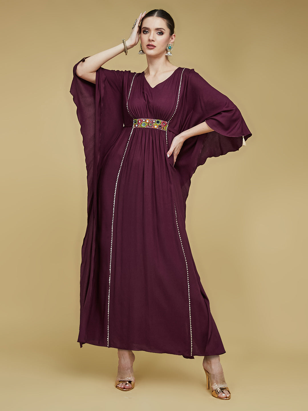 Women's Wine V-Neck 3/4 Sleeve Solid Viscose Rayon Maxi Kaftan Dress