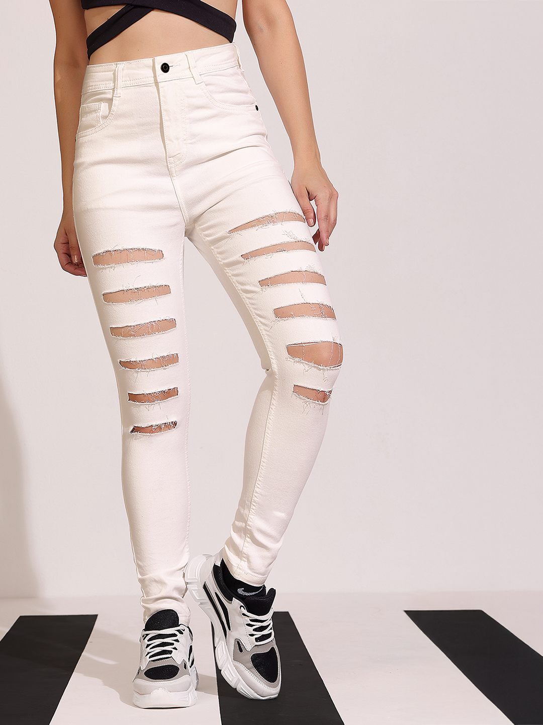 Women's White Skinny High Rise Ripped Regular length Stretchable Denim Jeans