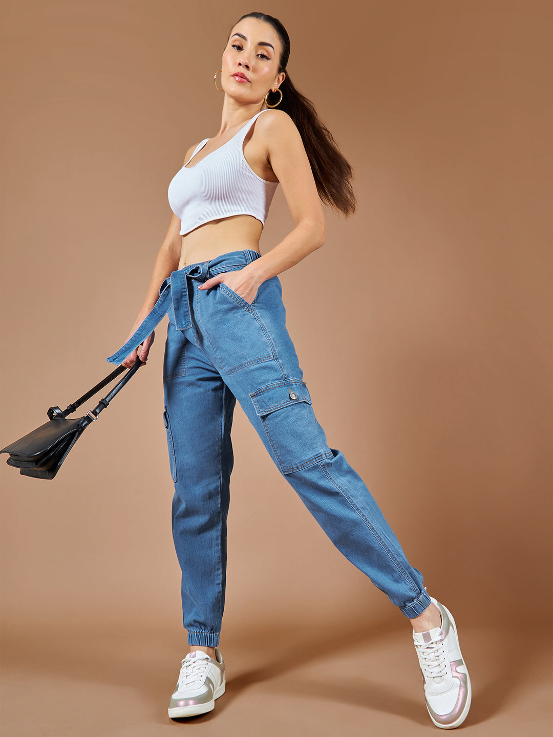 Women's Blue Regular High rise Stretchable Denim Joggers