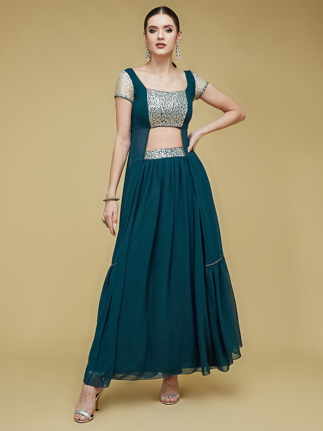 Women's Teal Embellished Square Neck Short Sleeves Waist Band Pocketed Tiered Maxi Co-Ord Set.