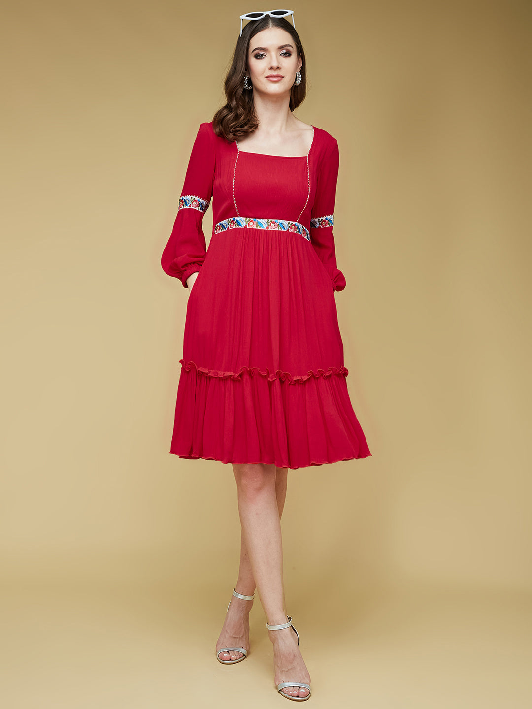 Women's Red Square Neck Bishop Sleeve Viscose Rayon Solid Gathered Midi Dress